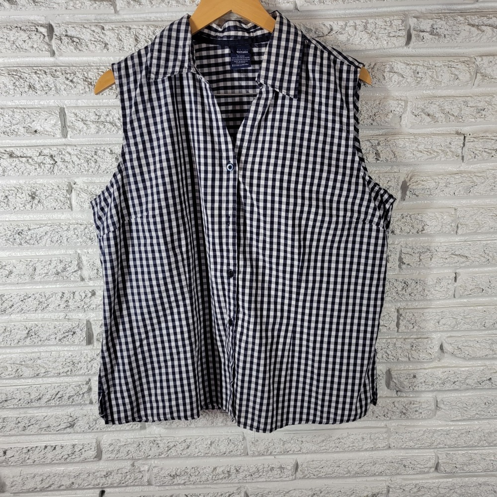 Basic Editions XL Blue White Gingham Check Sleeveless Button Up Collared Shirt